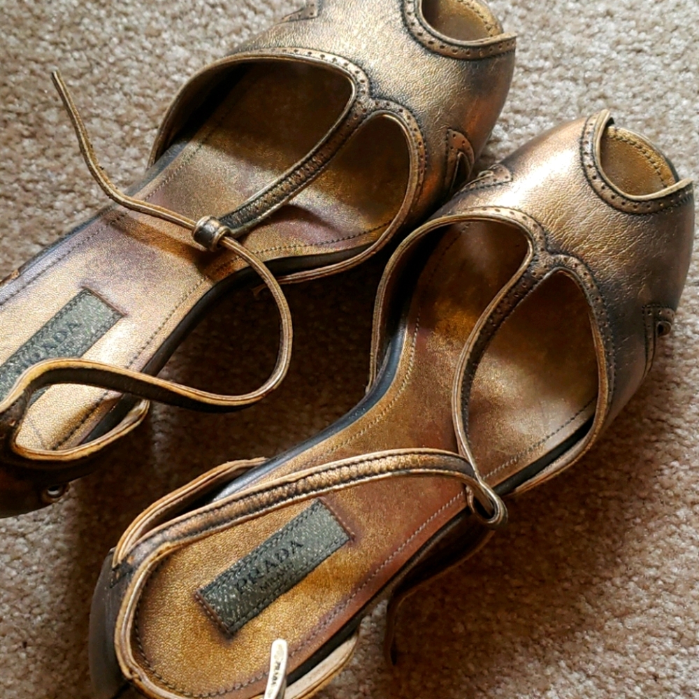 Prada Gold Leather Peep Toe Ankle Strap Sandals